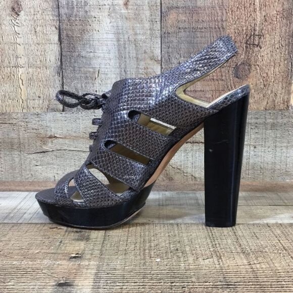 Coach Sandals Moreen Womens 8B Gray Leather Metallic Embossed Snakeskin Heel - Picture 5 of 12